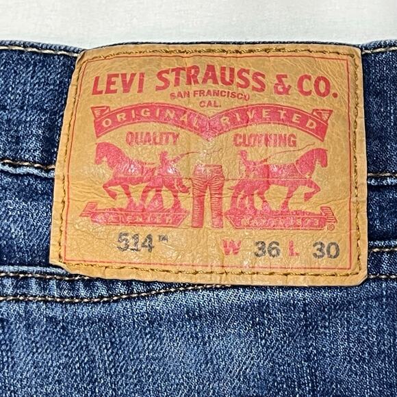 Levis 514 Jeans Men 36x30 Dark Blue Denim Wash Loose Straight Mid Rise Used - Picture 7 of 11